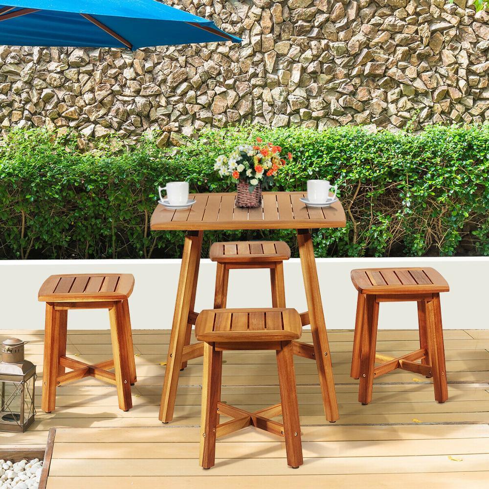 5PCS Acacia Patio Dining Set Outdoor Dining Furniture w/Square Table & 4 Stools (FW1)(FW3)(1U67)