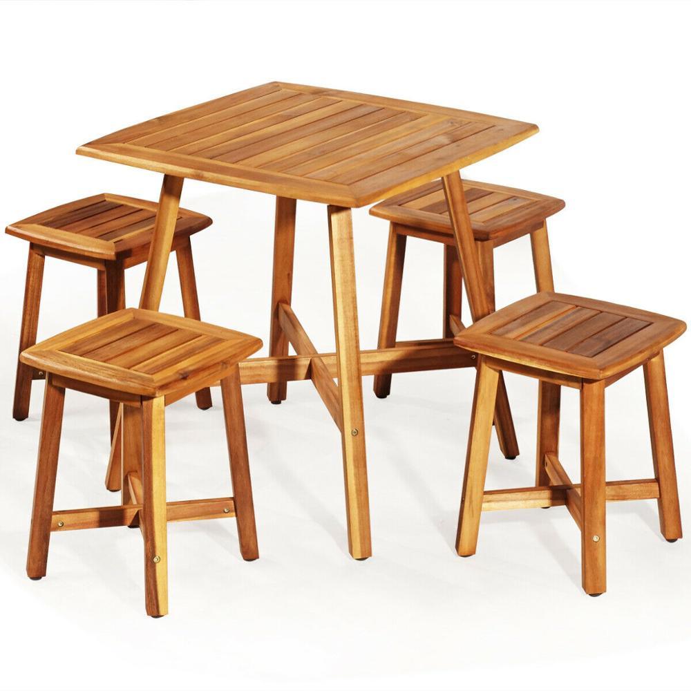 5PCS Acacia Patio Dining Set Outdoor Dining Furniture w/Square Table & 4 Stools (FW1)(FW3)(1U67)