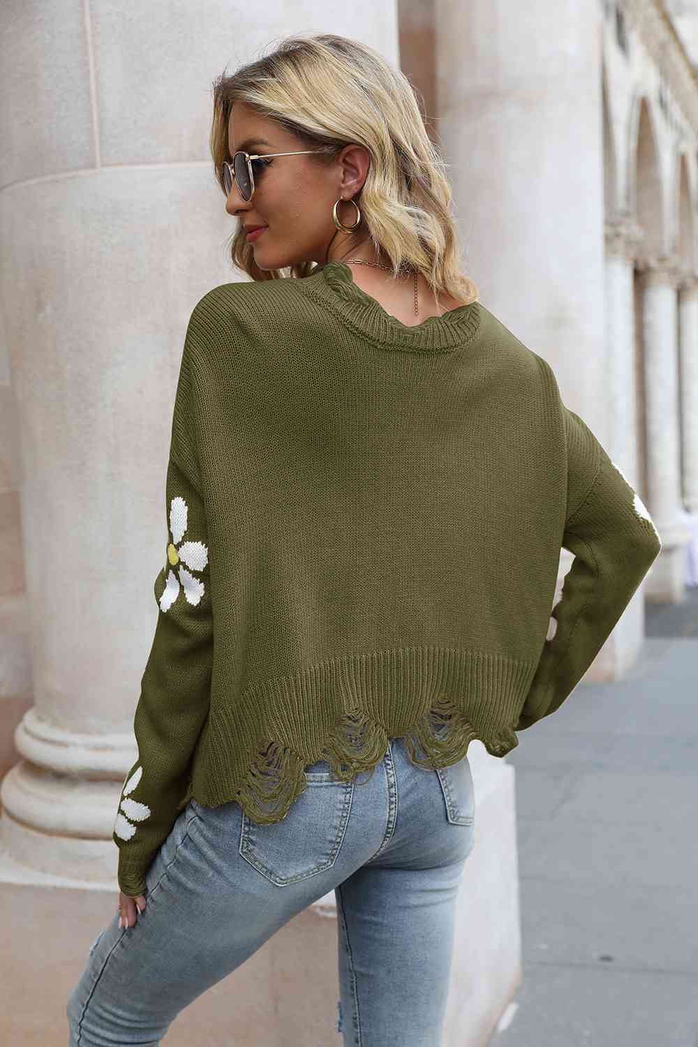 Flower Distressed Long Sleeve Sweater - Deals DejaVu
