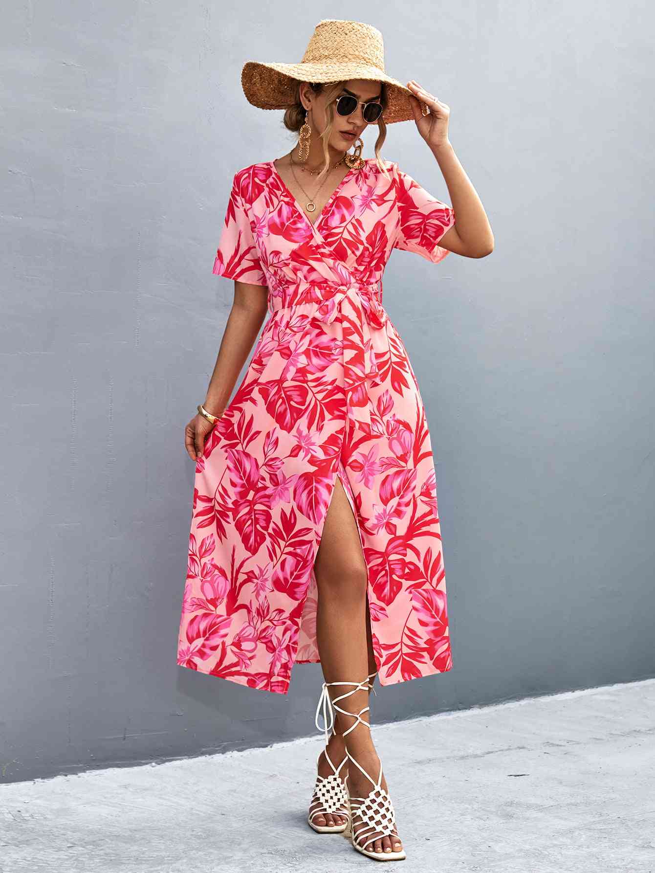 Floral Print High Slit Surplice Neck Tie Waist Midi Dress (MWBT) T - Deals DejaVu