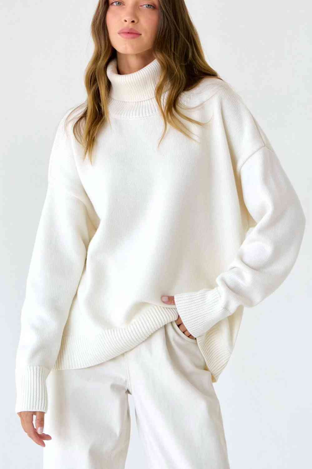 Turtle Neck Dropped Shoulder Sweater - Deals DejaVu