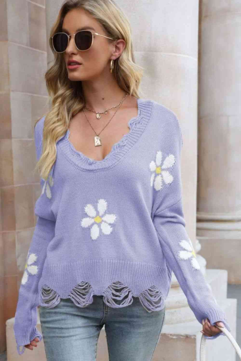 Flower Distressed Ribbed Trim Sweater - Deals DejaVu