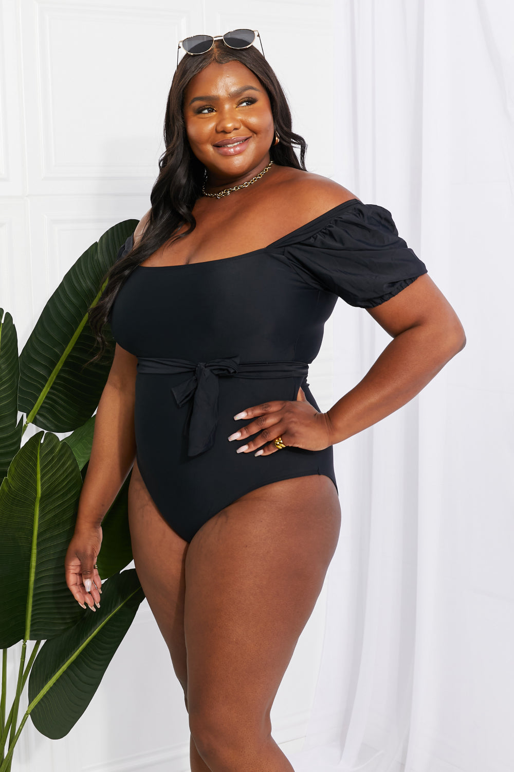 Marina West Swim Salty Air Puff Sleeve One-Piece in Black (TB10D) T