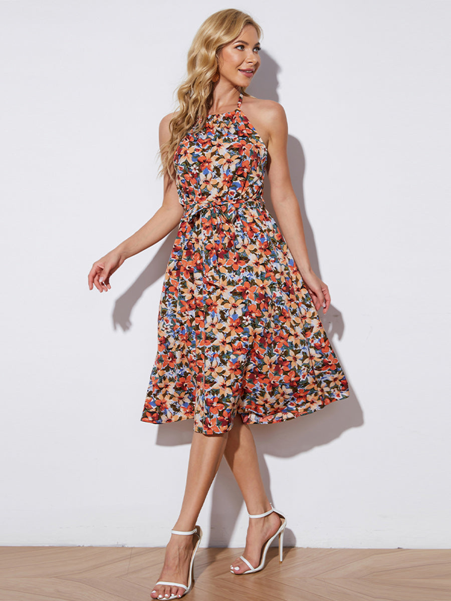 Floral Halter Neck Tie-Waist Backless Dress (BWD)(WS06)T - Deals DejaVu