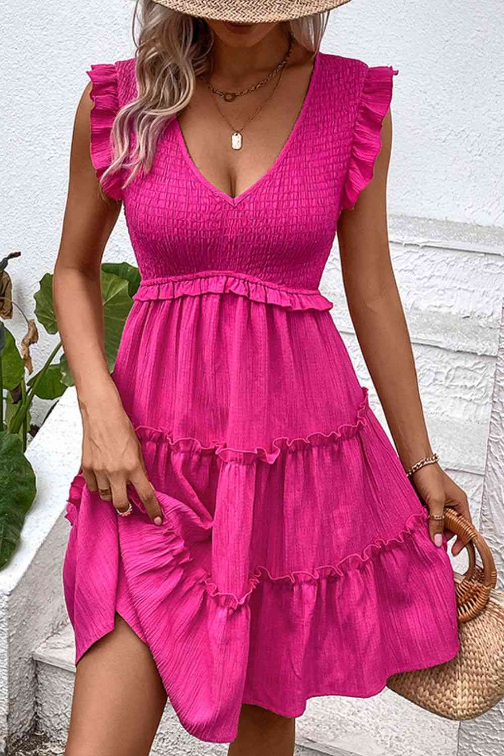 Smocked Frill Trim Deep V Dress (MWBT) T - Deals DejaVu