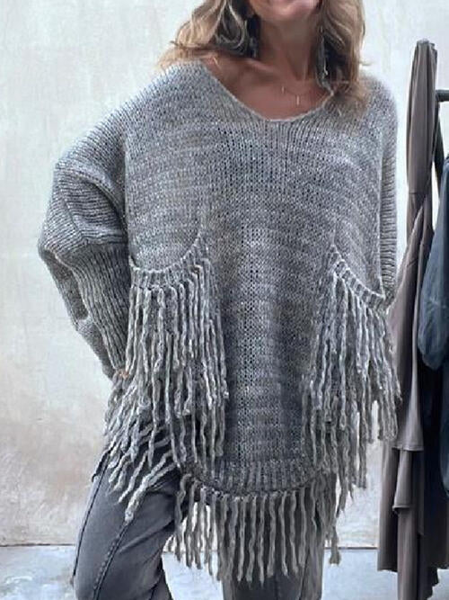 Fringe Detail Long Sleeve Sweater with Pockets - Deals DejaVu
