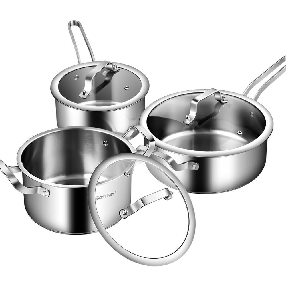 6 Piece Stainless Steel Cookware Set - Nonstick Pot And Pans w/ Glass Lids Silver (D61)(AK1)(1U61)