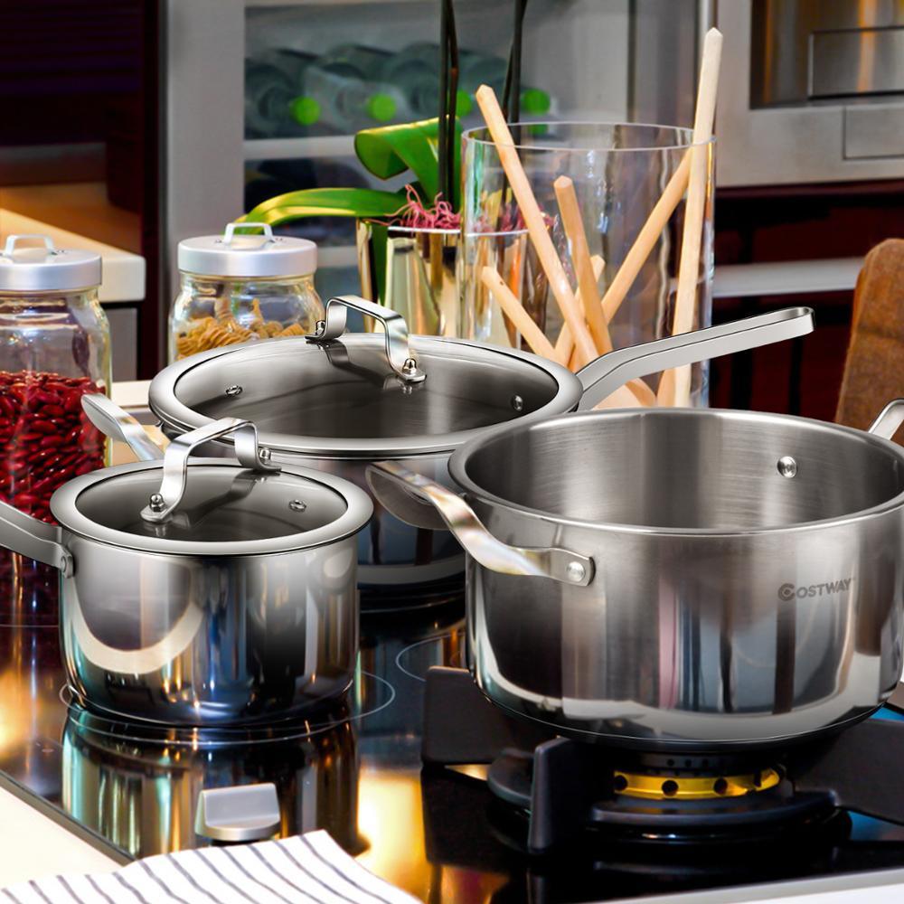 6 Piece Stainless Steel Cookware Set - Nonstick Pot And Pans w/ Glass Lids Silver (D61)(AK1)(1U61)