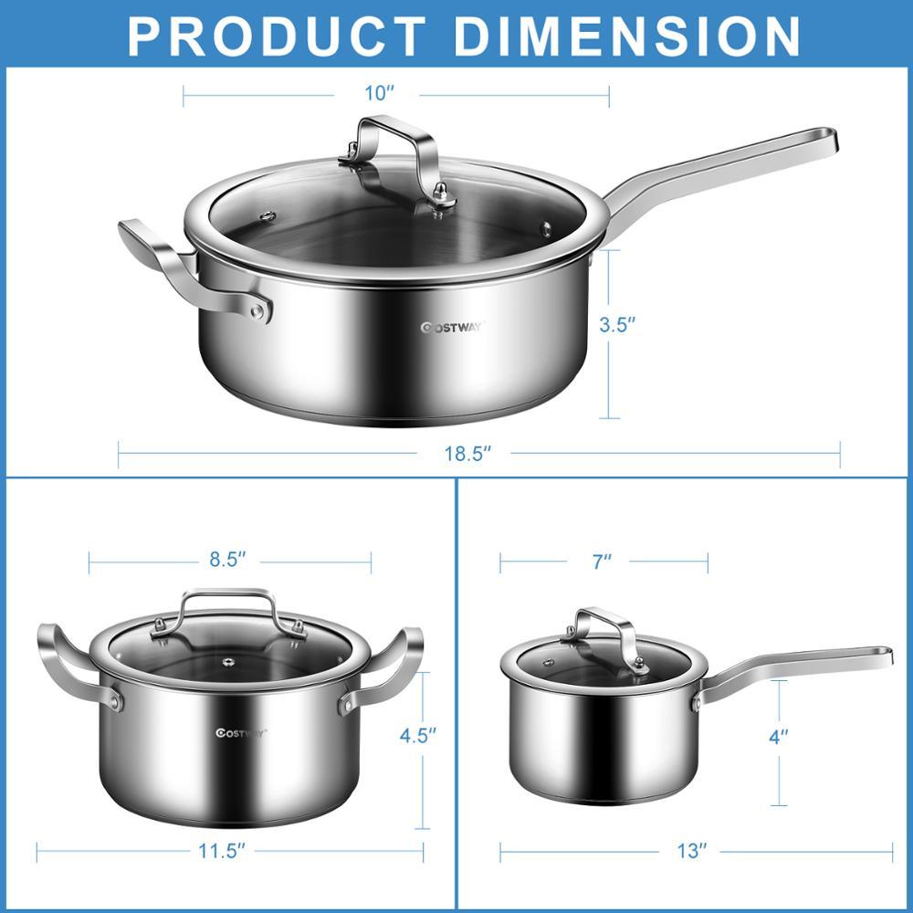 6 Piece Stainless Steel Cookware Set - Nonstick Pot And Pans w/ Glass Lids Silver (D61)(AK1)(1U61)