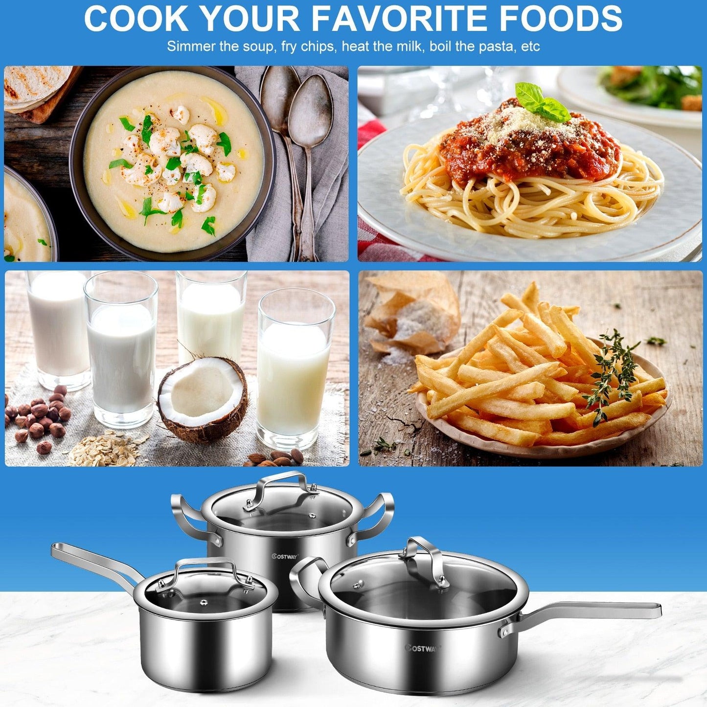 6 Piece Stainless Steel Cookware Set - Nonstick Pot And Pans w/ Glass Lids Silver (D61)(AK1)(1U61)