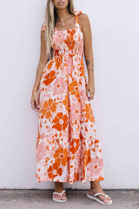 Floral Tie-Shoulder Smocked Maxi Dress (BWMT) T - Deals DejaVu