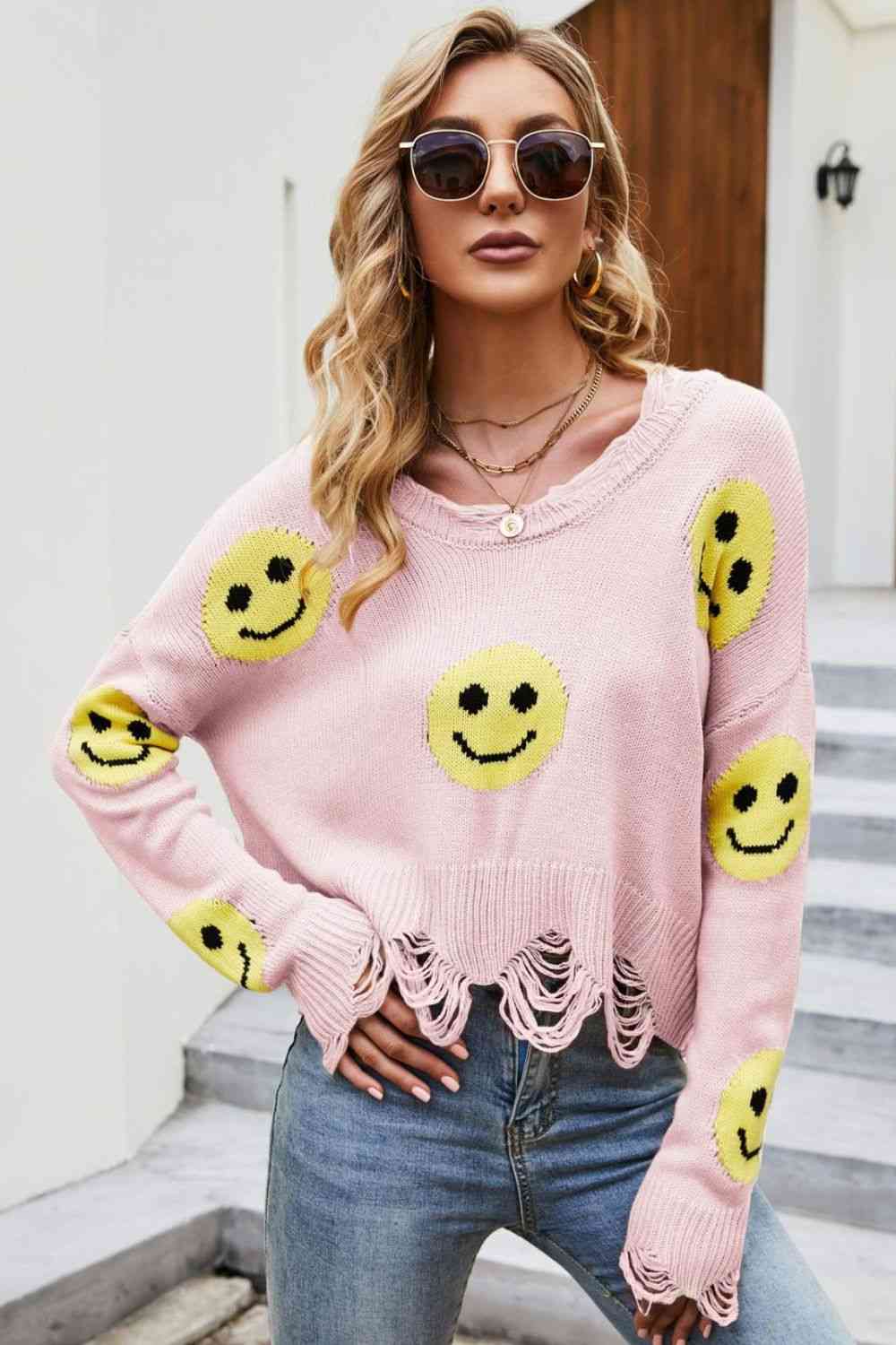 Smiley Face Distressed Round Neck Sweater - Deals DejaVu