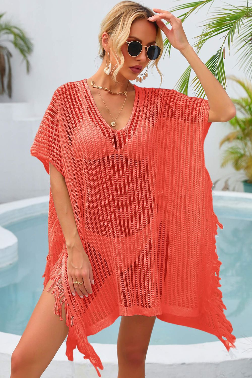 Fringe Trim Openwork Cover Up (TB11D) T - Deals DejaVu