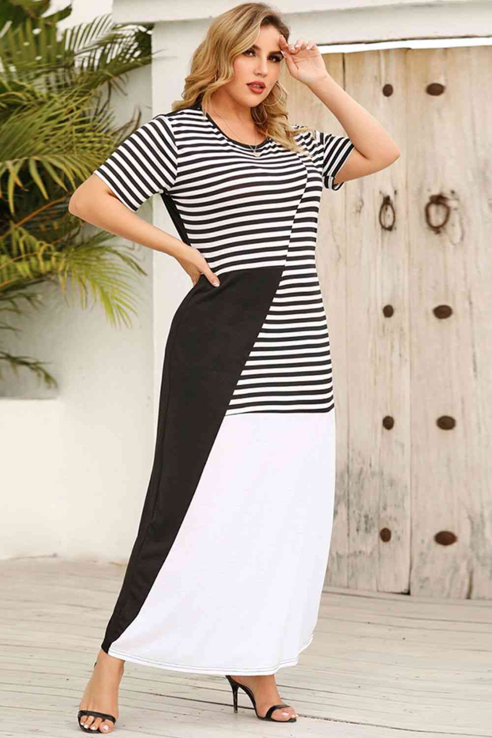 Plus Size Striped Color Block Round Neck Dress (BWMT) T - Deals DejaVu