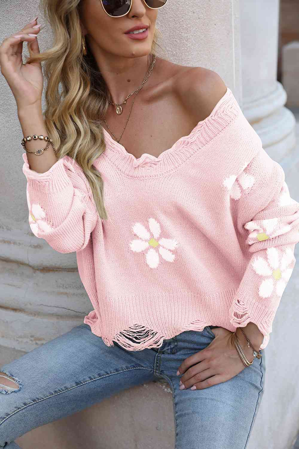 Flower Distressed Long Sleeve Sweater - Deals DejaVu