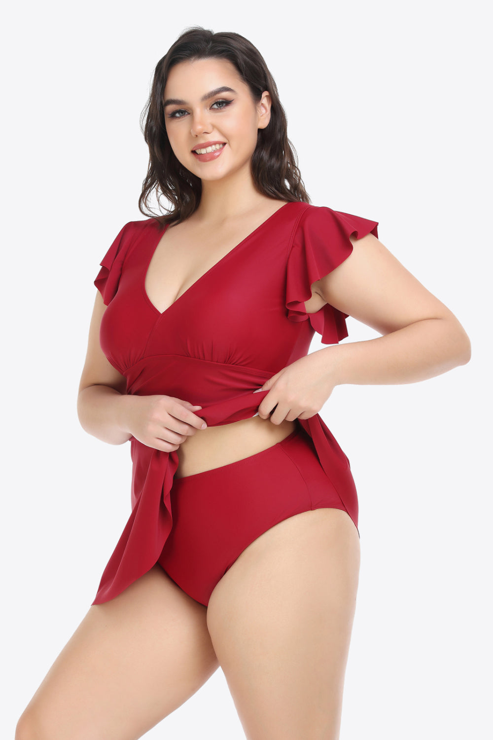 Plus Size Ruffled Plunge Swim Dress and Bottoms Set (TB13D) T - Deals DejaVu