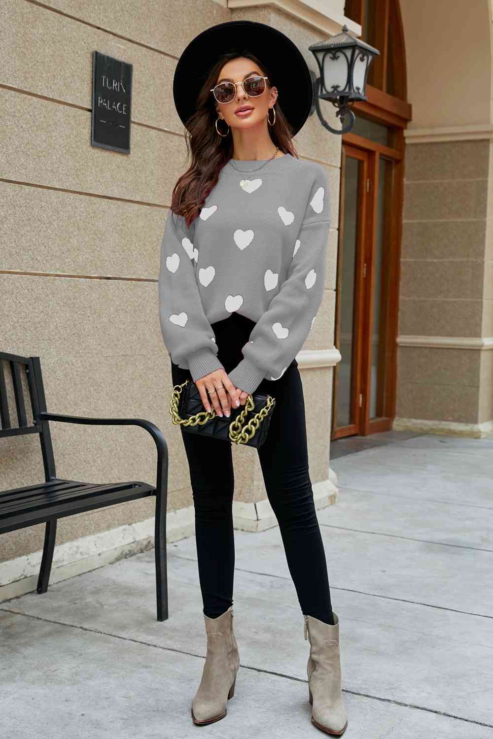 Woven Right Heart Pattern Lantern Sleeve Round Neck Tunic Sweater - Deals DejaVu