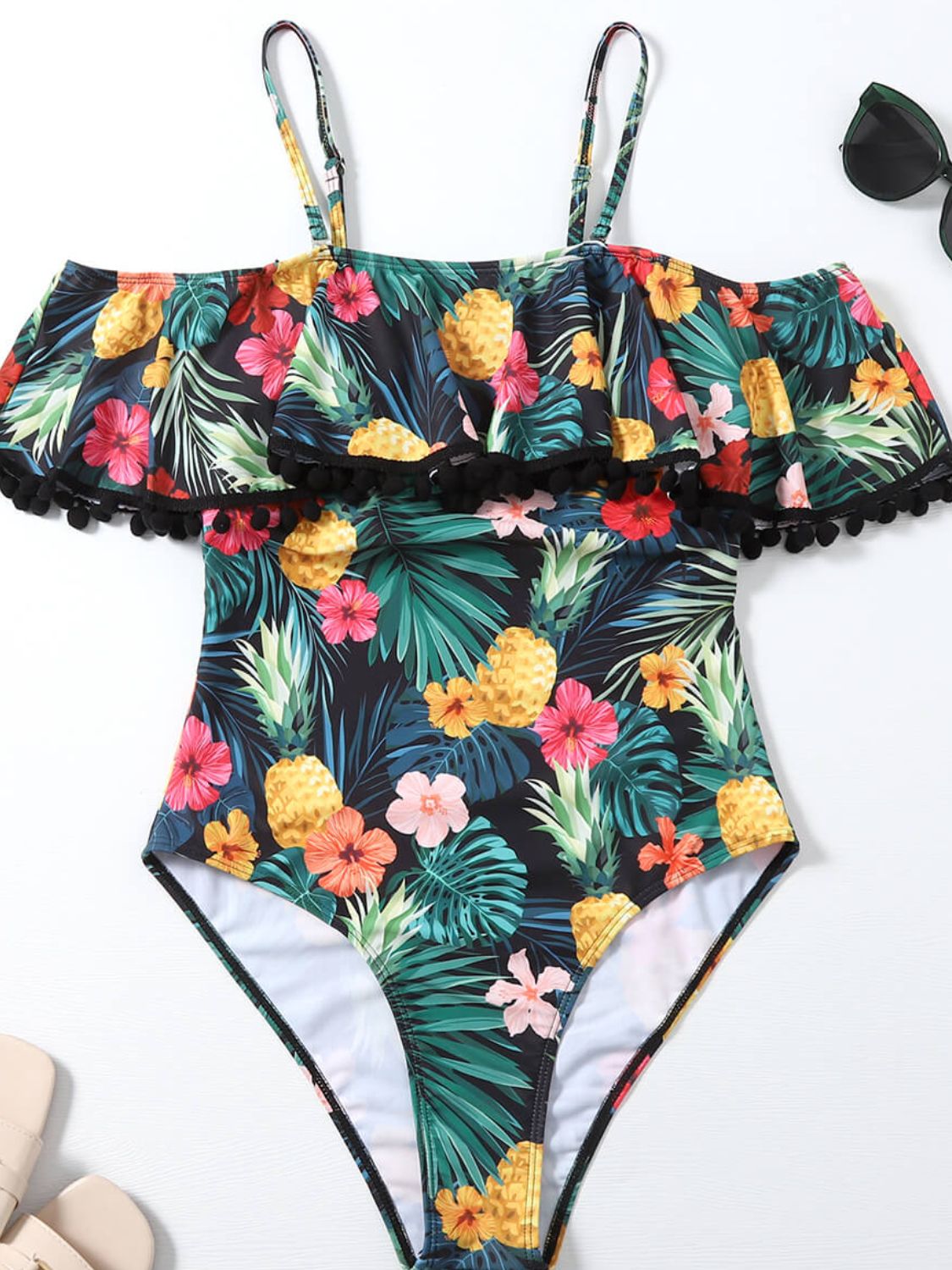 Botanical Print Cold-Shoulder One-Piece Swimsuit (TB10D) T
