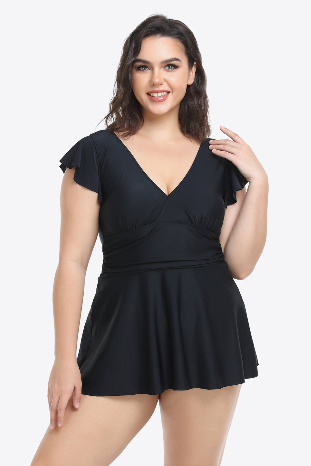 Plus Size Ruffled Plunge Swim Dress and Bottoms Set (TB13D) T