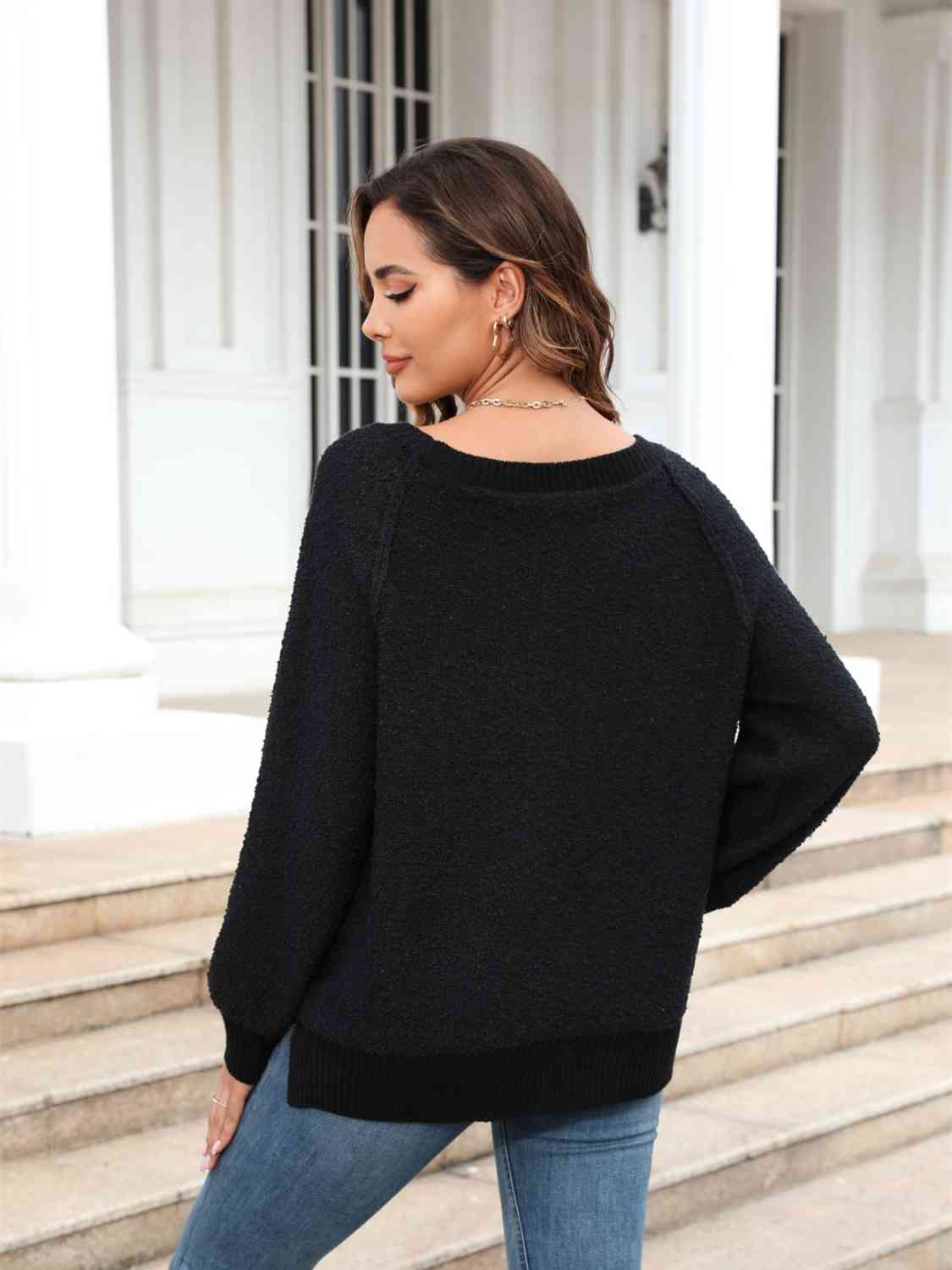 Round Neck Ribbed Trim Sweater - Deals DejaVu