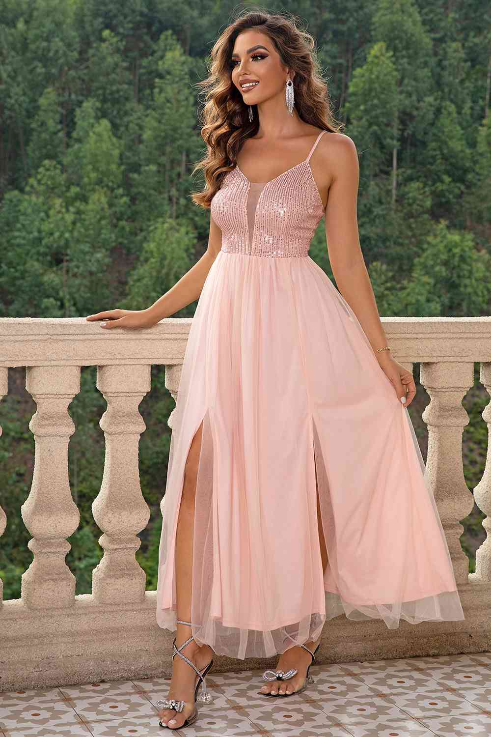 Spaghetti Strap Slit Mesh Dress (BWM) T - Deals DejaVu
