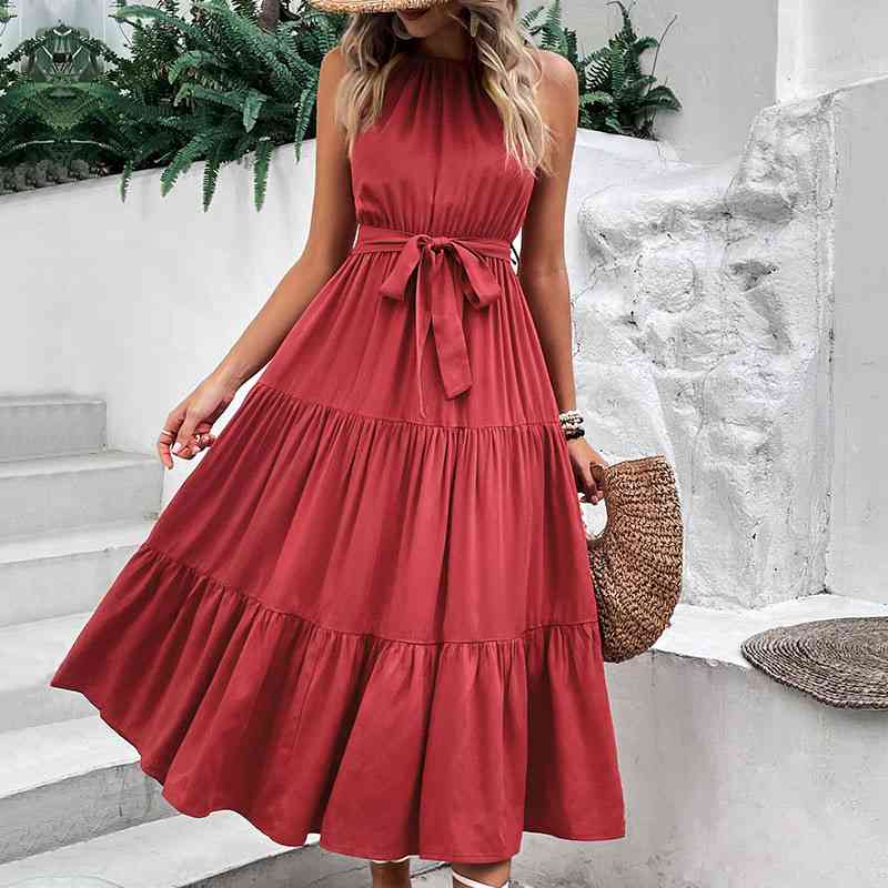 Tie Belt Tiered Midi Dress (MWBT) T - Deals DejaVu