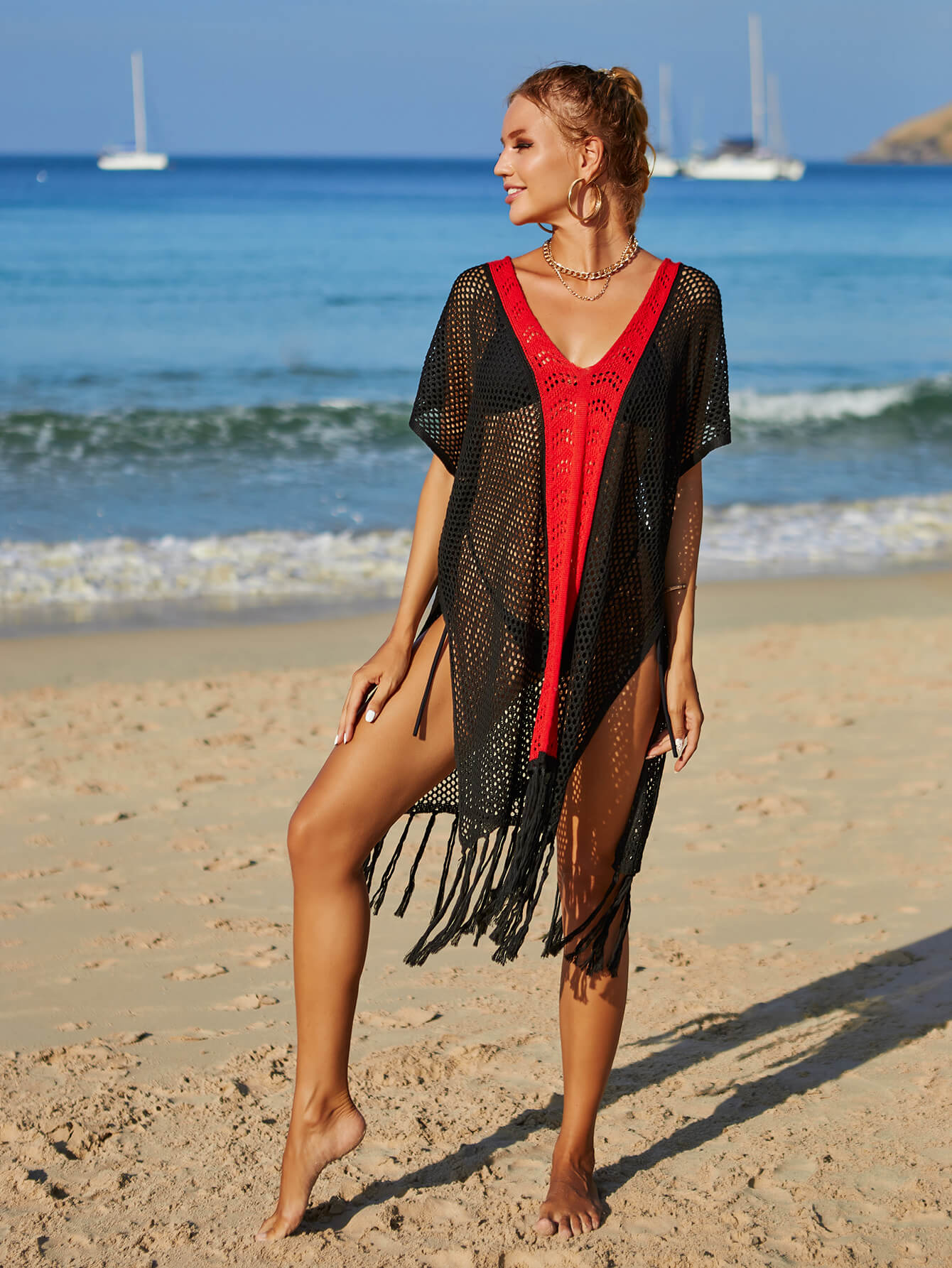 Contrast Fringe Trim Openwork Cover-Up Dress (TB11D) T