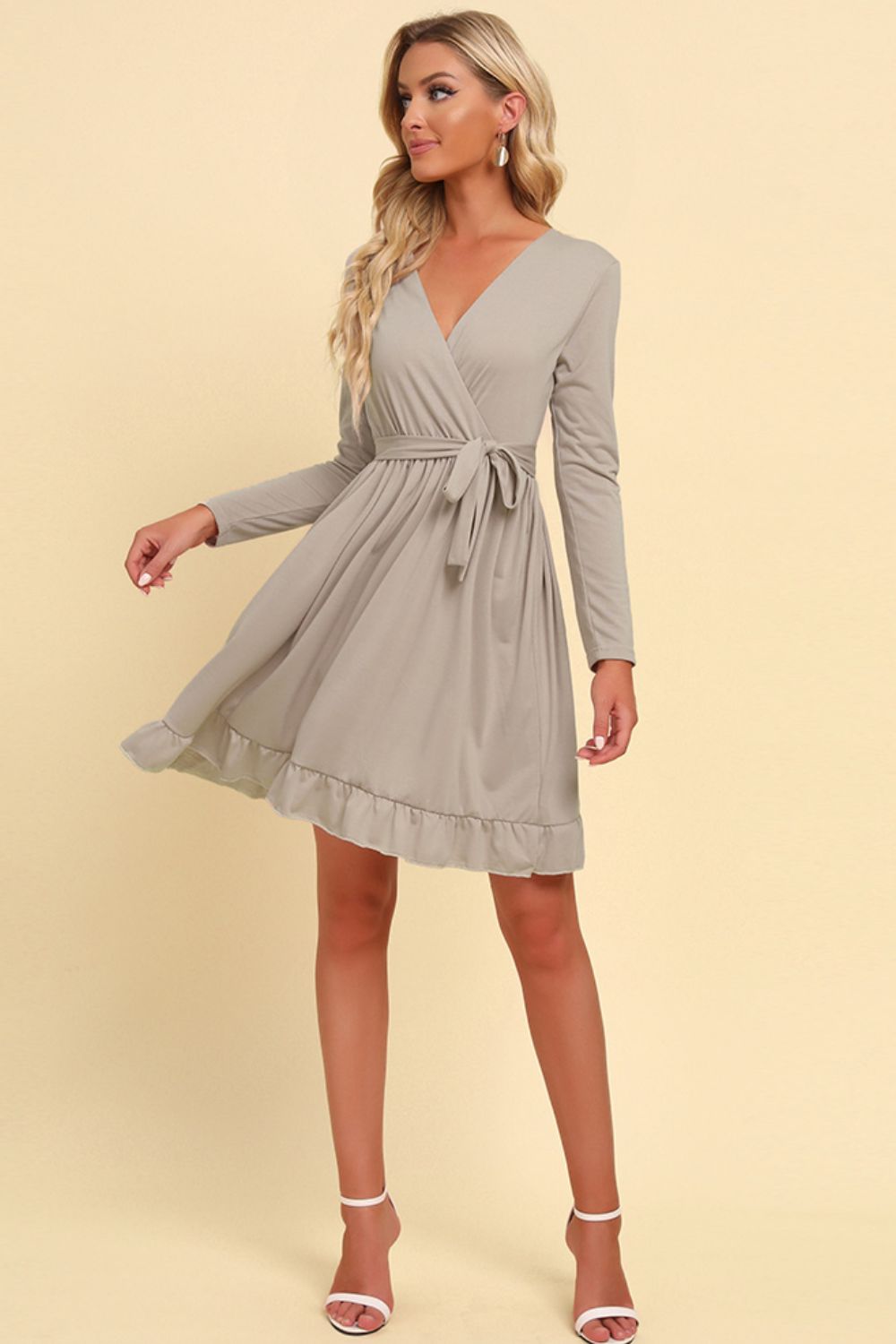 Long Sleeve Tie Waist Ruffle Hem Dress (BWD)(WS06)T - Deals DejaVu