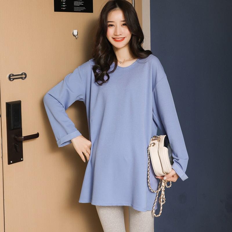 Autumn Loose Cotton Maternity T Shirt - Long Sleeve V neck Clothes - Pregnant Women Pregnancy Tunic Tops (Z1)(F4)