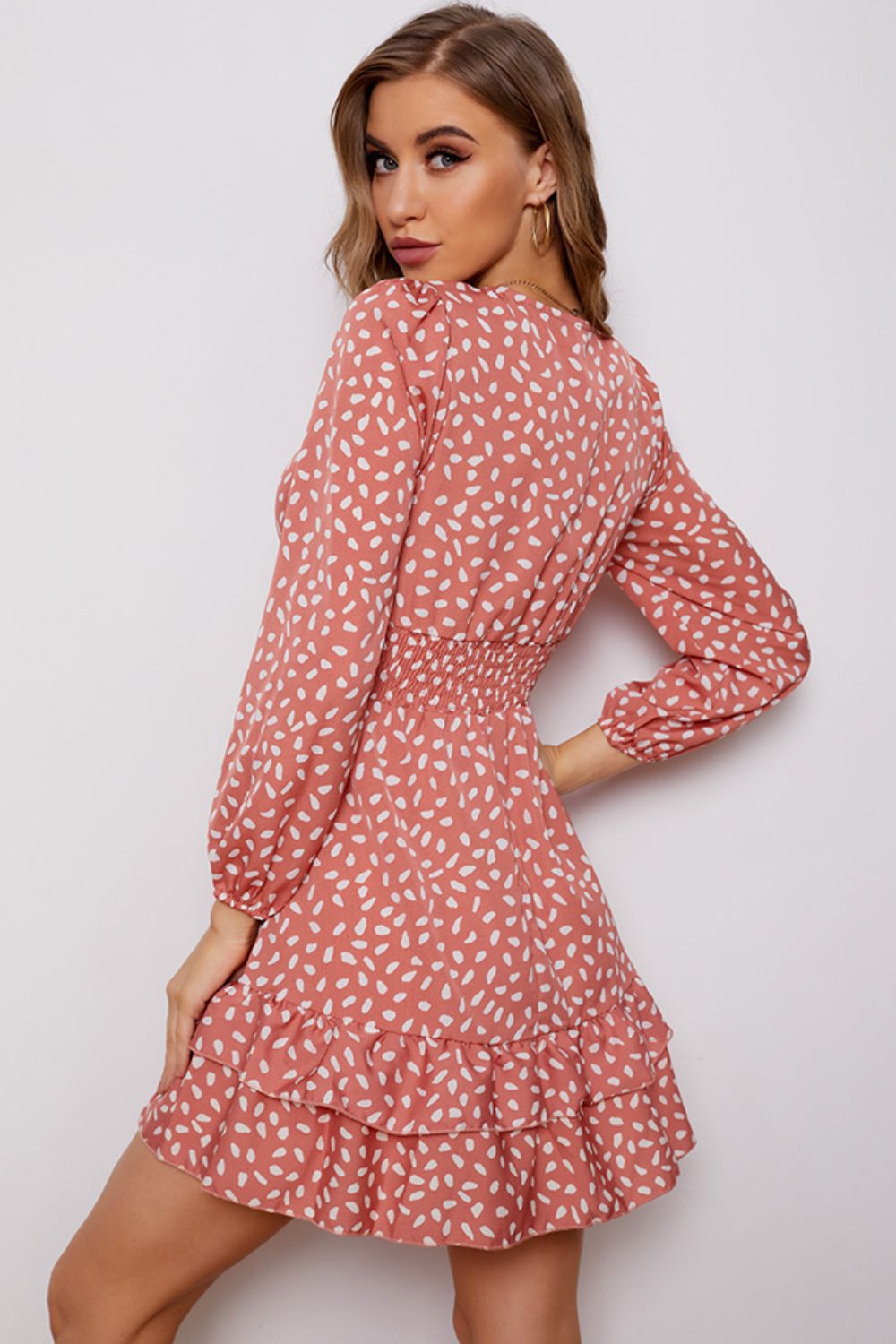 Printed Surplice Neck Puff Sleeve Ruffle Hem Dress (BWD)(WS06)T