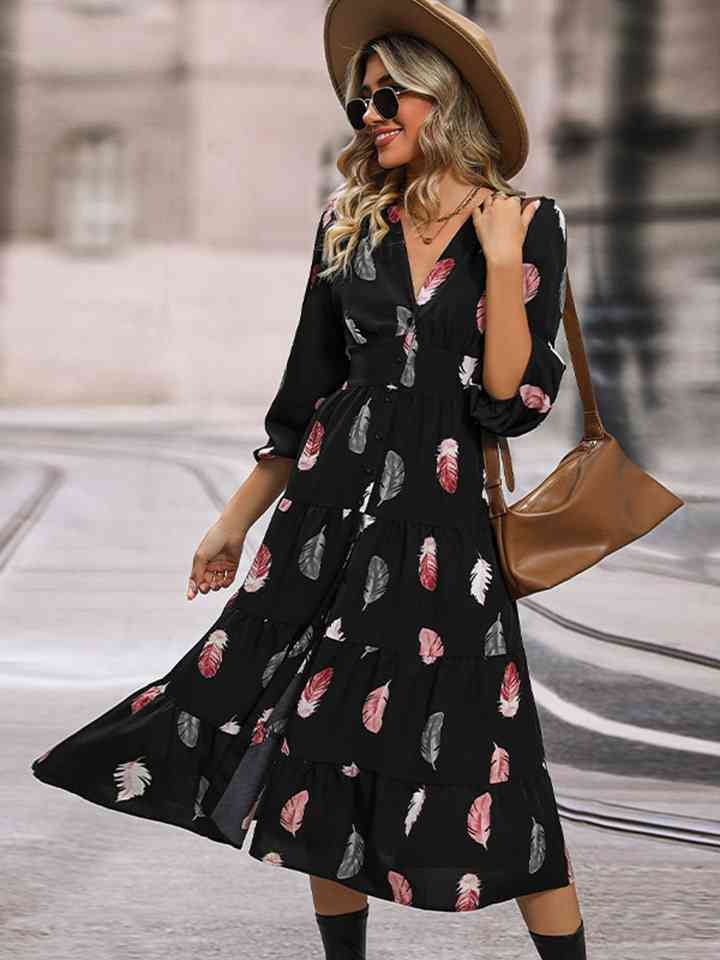 Printed V-Neck Slit Dress (MWBT) T - Deals DejaVu