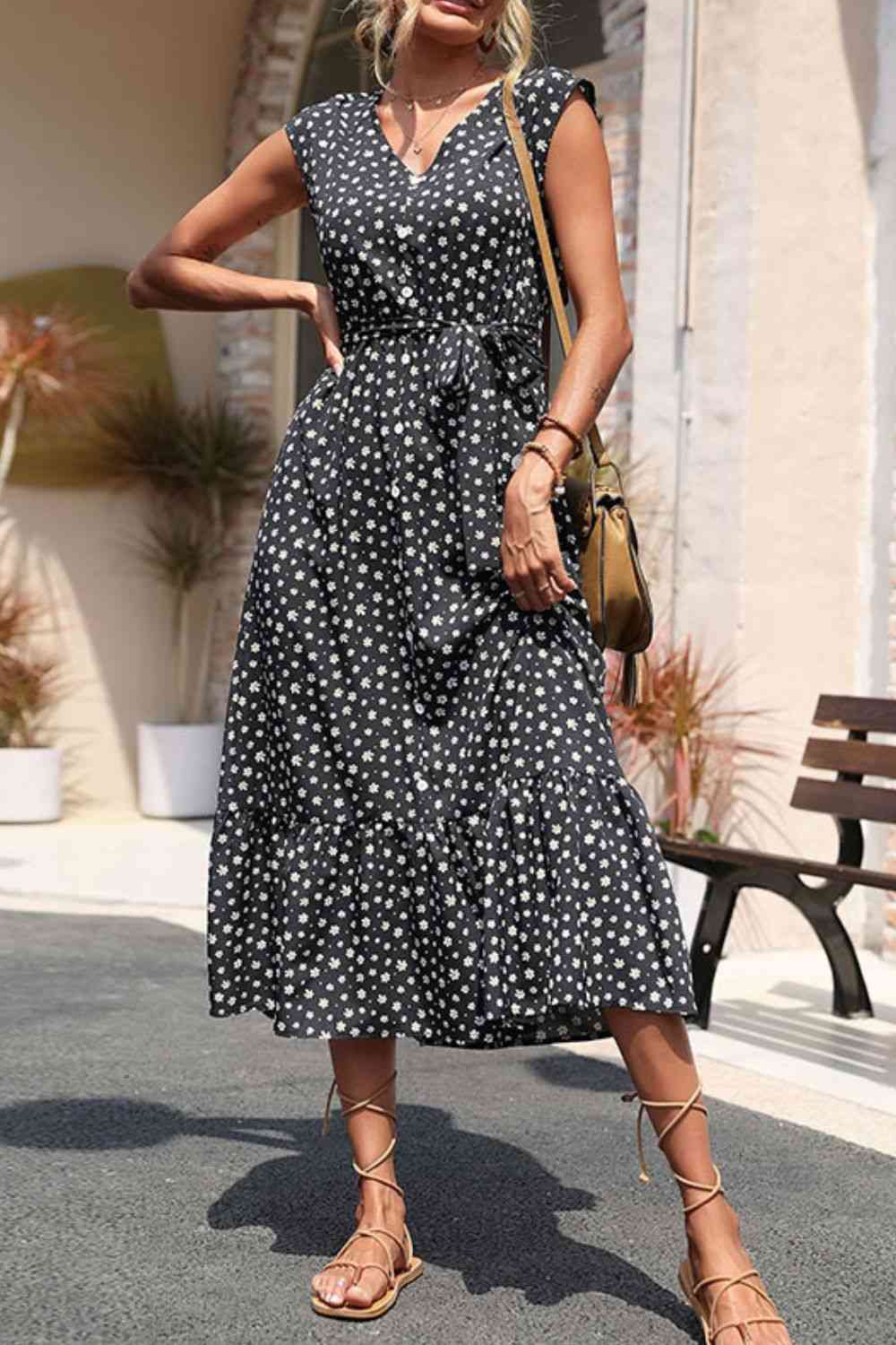 Floral Tie-Waist Ruffle Hem Dress (MWBT) T - Deals DejaVu