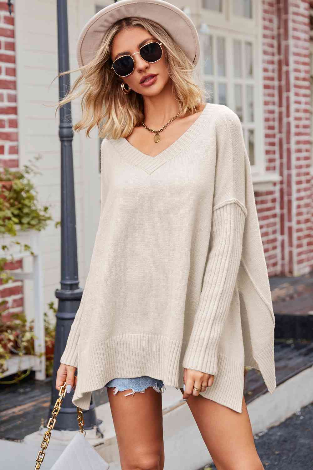 V-Neck Dropped Shoulder Ribbed Long Sleeve Sweater - Deals DejaVu