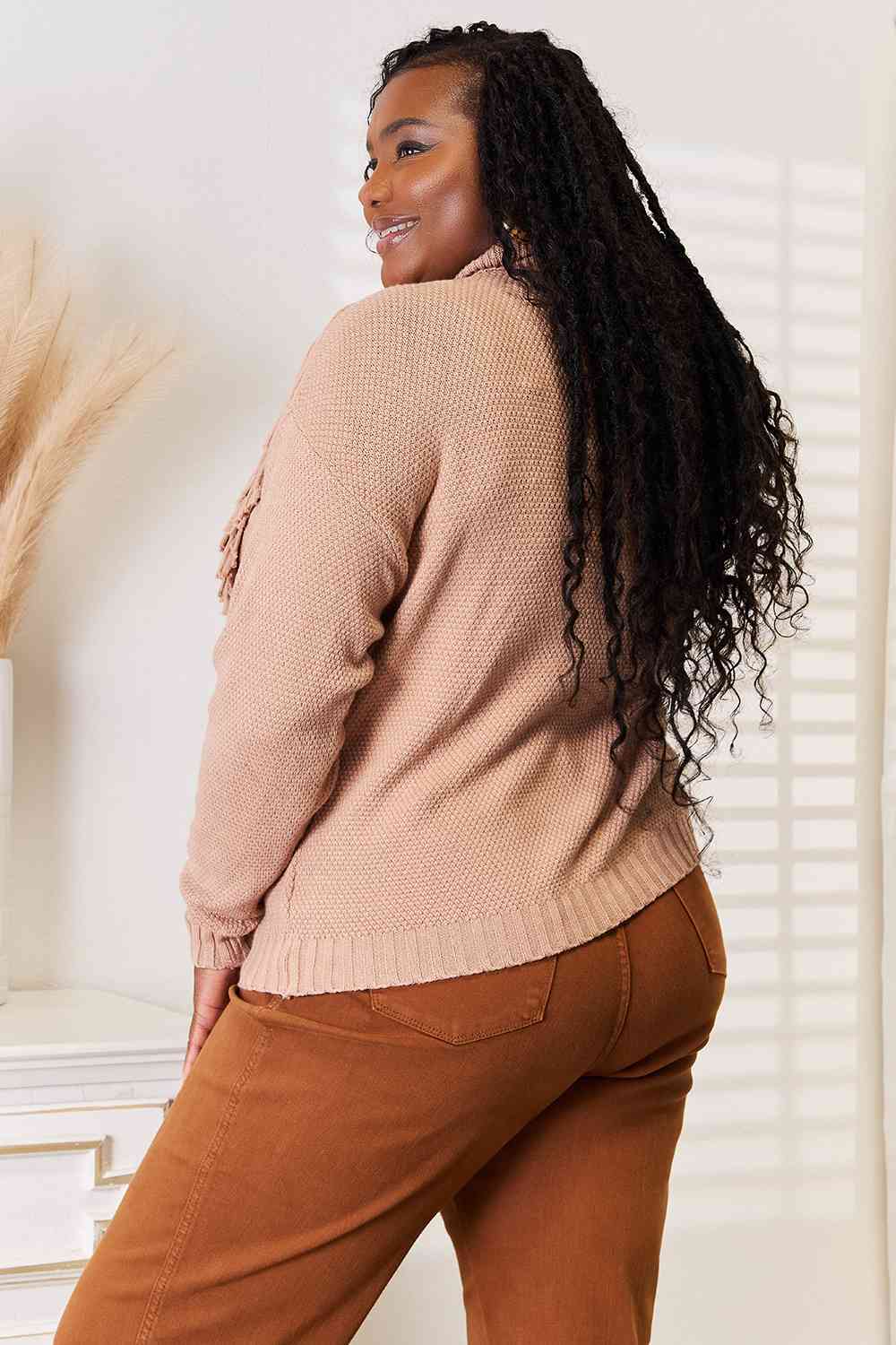 Woven Right Turtleneck Fringe Front Long Sleeve Sweater - Deals DejaVu