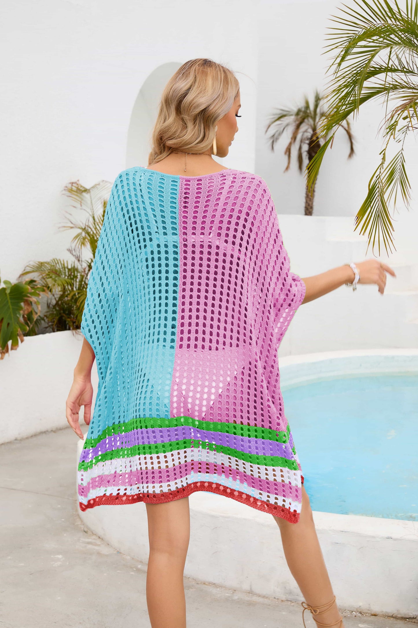 Contrast Scoop Neck Openwork Half Sleeve Cover Up (TB11D) T