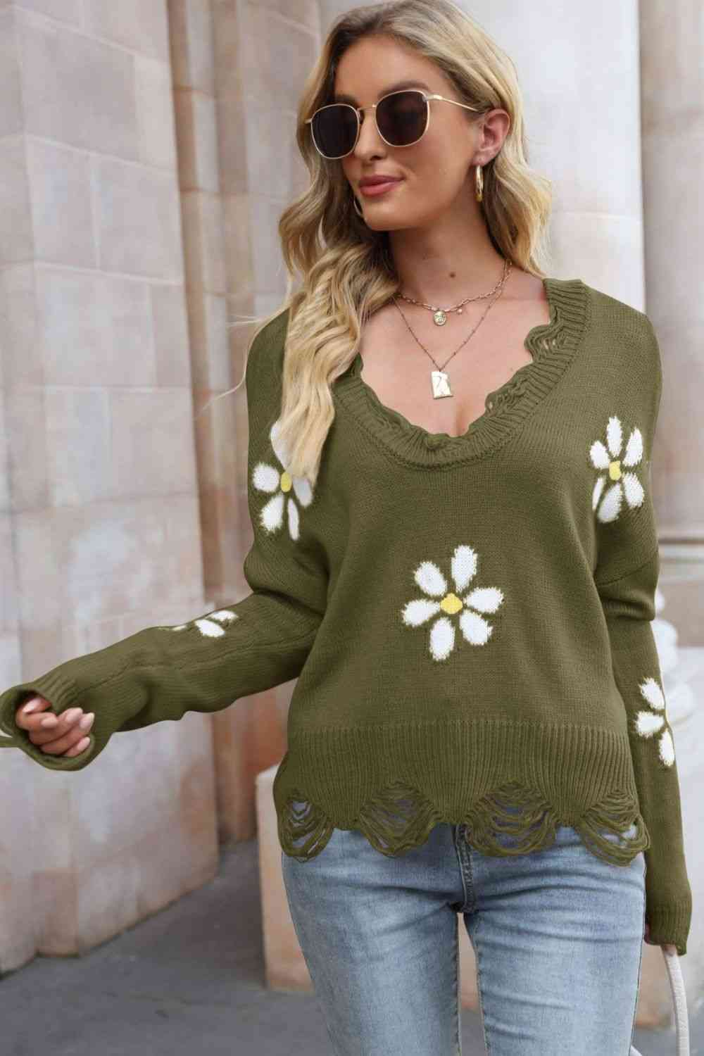 Flower Distressed Ribbed Trim Sweater - Deals DejaVu