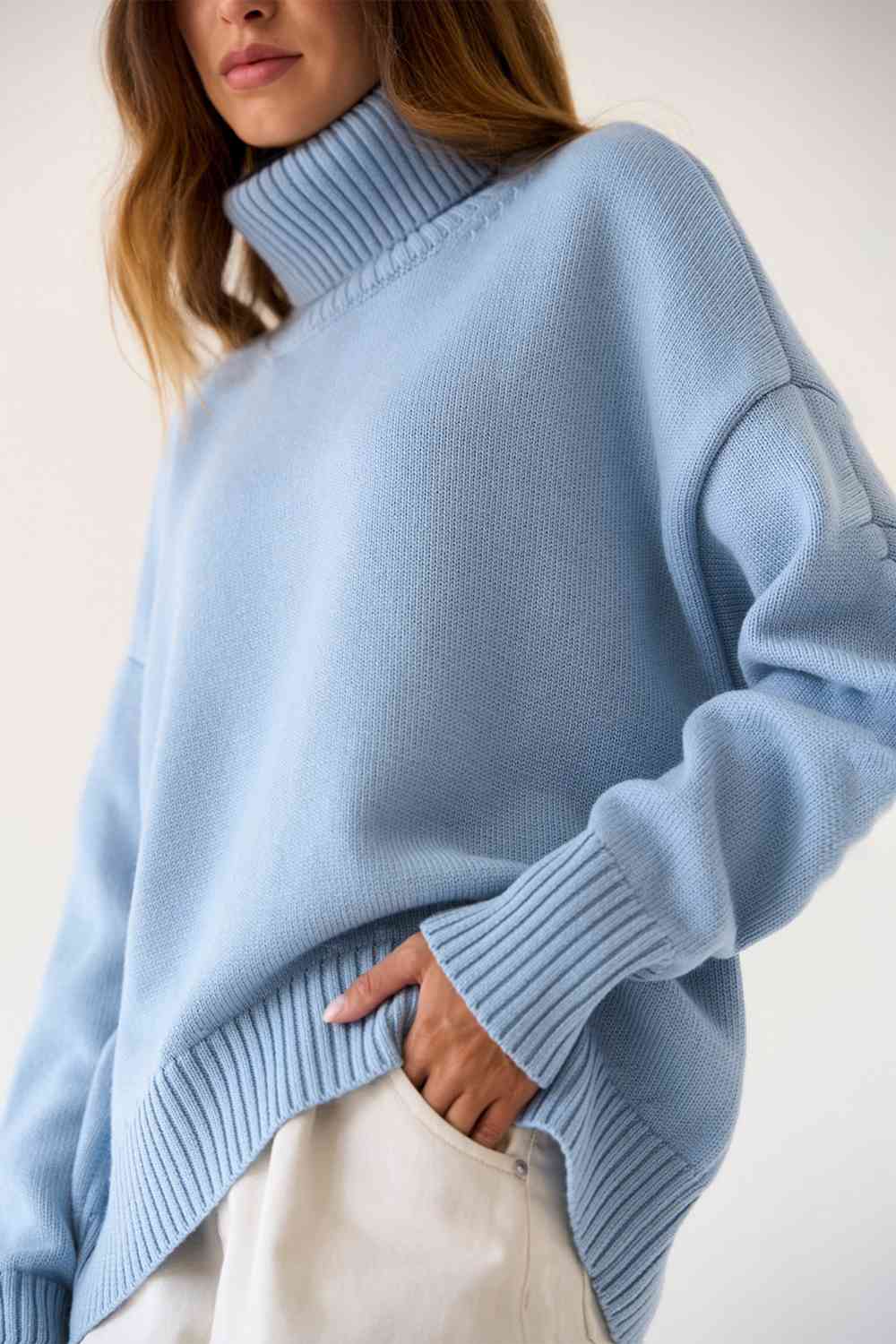 Turtle Neck Dropped Shoulder Sweater - Deals DejaVu
