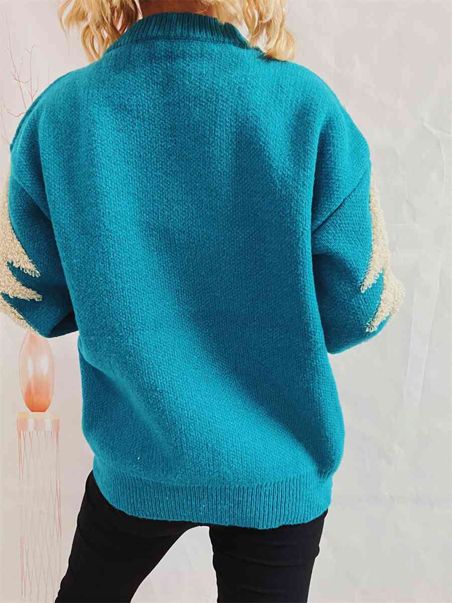 Sequin Christmas Tree & Reindeer Round Neck Sweater - Deals DejaVu