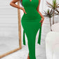 Backless Ruched Slit Maxi Dress (BWMT) T - Deals DejaVu