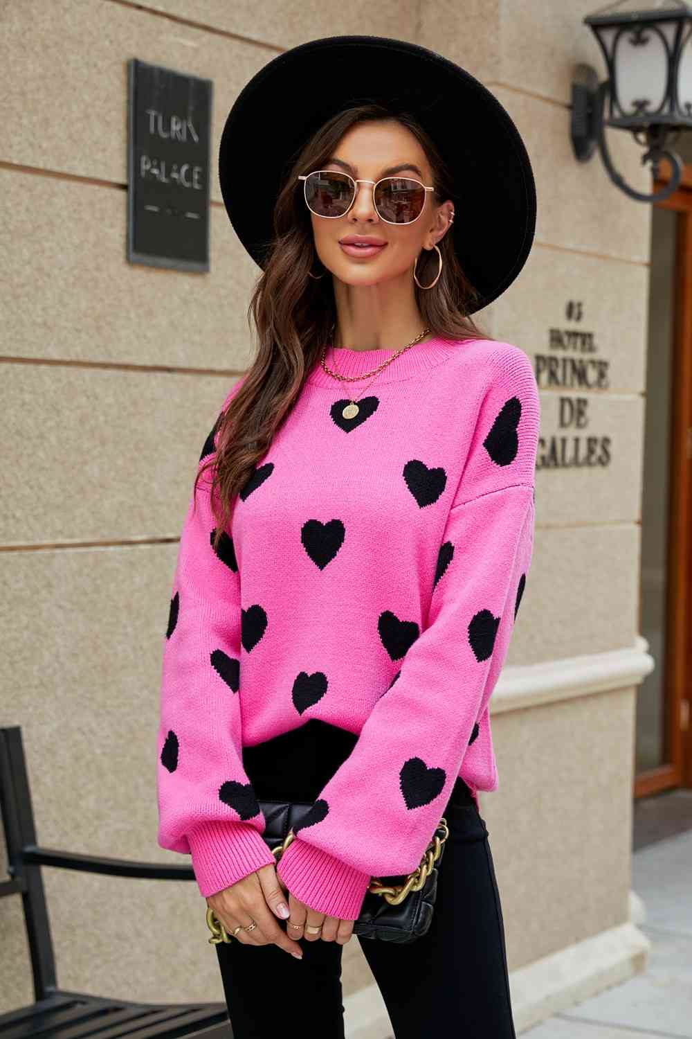 Woven Right Heart Pattern Lantern Sleeve Round Neck Tunic Sweater - Deals DejaVu