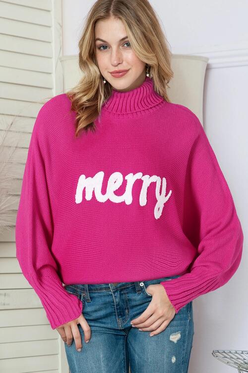 Merry Letter Embroidered High Neck Sweater - Deals DejaVu