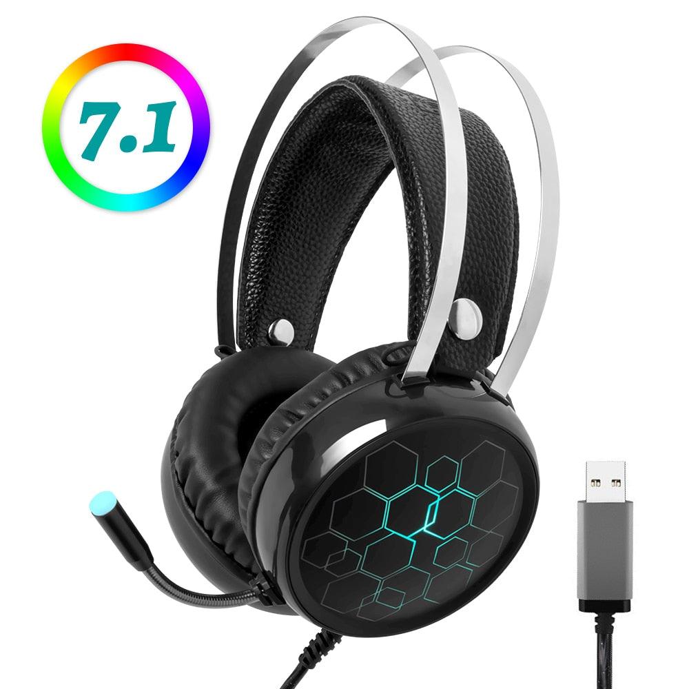 7.1 Gaming Headset with Microphone Headphones - Surround Sound USB Wired Gamer Earphone for PC Computer Xbox One PS4 RGB Light (AH)