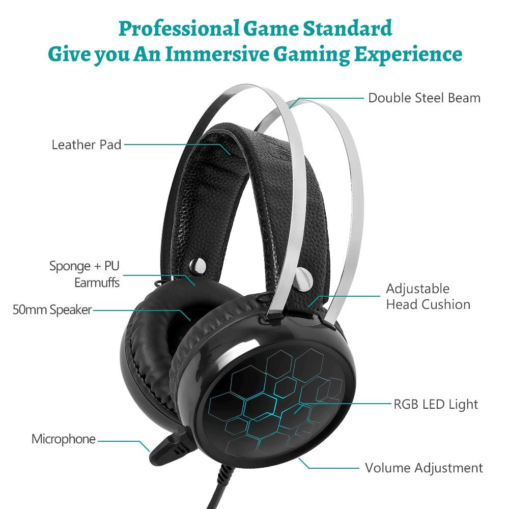 7.1 Gaming Headset with Microphone Headphones - Surround Sound USB Wired Gamer Earphone for PC Computer Xbox One PS4 RGB Light (AH)