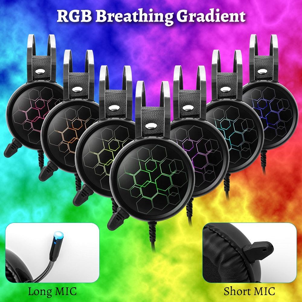 7.1 Gaming Headset with Microphone Headphones - Surround Sound USB Wired Gamer Earphone for PC Computer Xbox One PS4 RGB Light (AH)