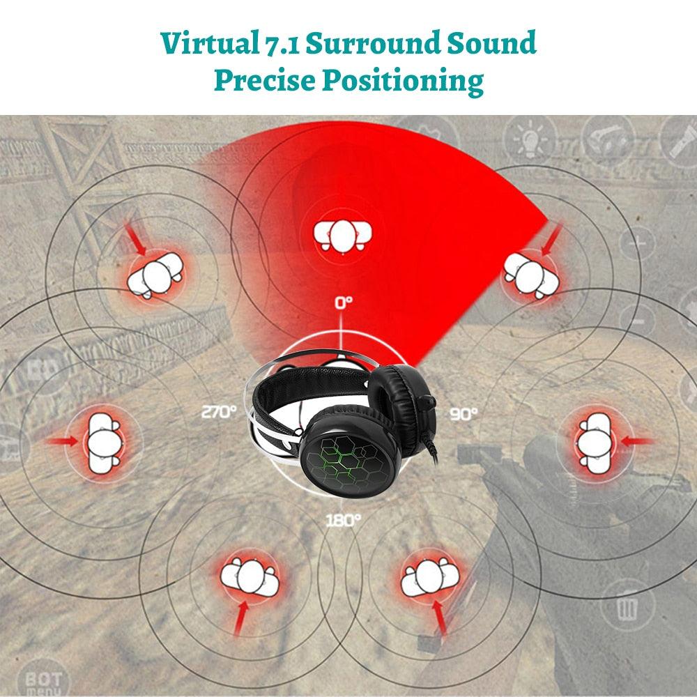 7.1 Gaming Headset with Microphone Headphones - Surround Sound USB Wired Gamer Earphone for PC Computer Xbox One PS4 RGB Light (AH)