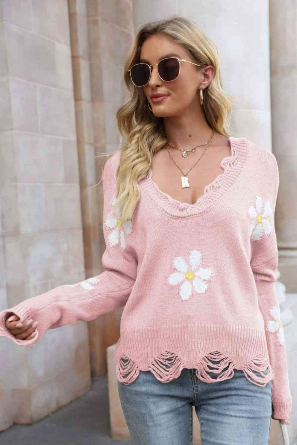 Flower Distressed Ribbed Trim Sweater - Deals DejaVu