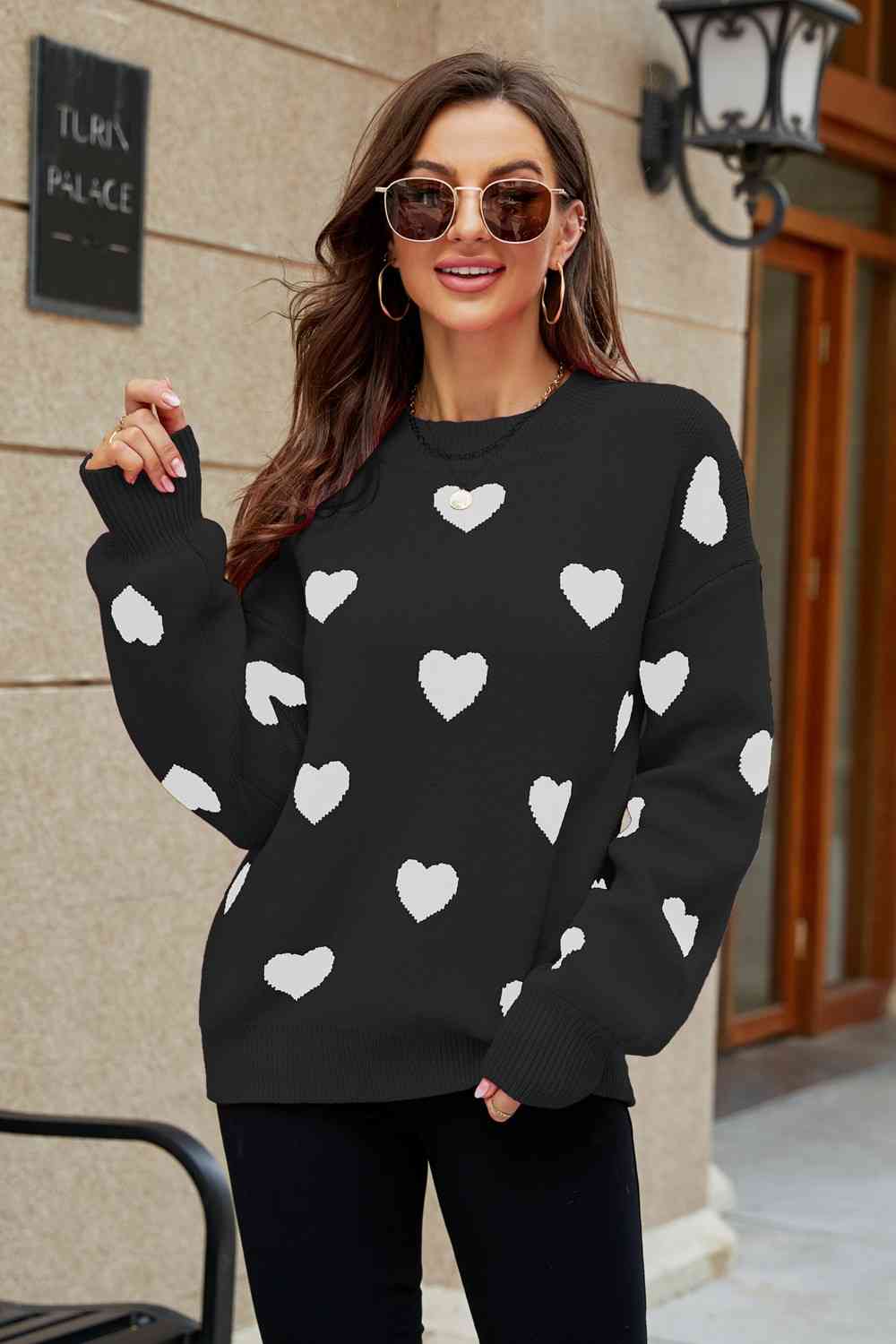 Woven Right Heart Pattern Lantern Sleeve Round Neck Tunic Sweater - Deals DejaVu
