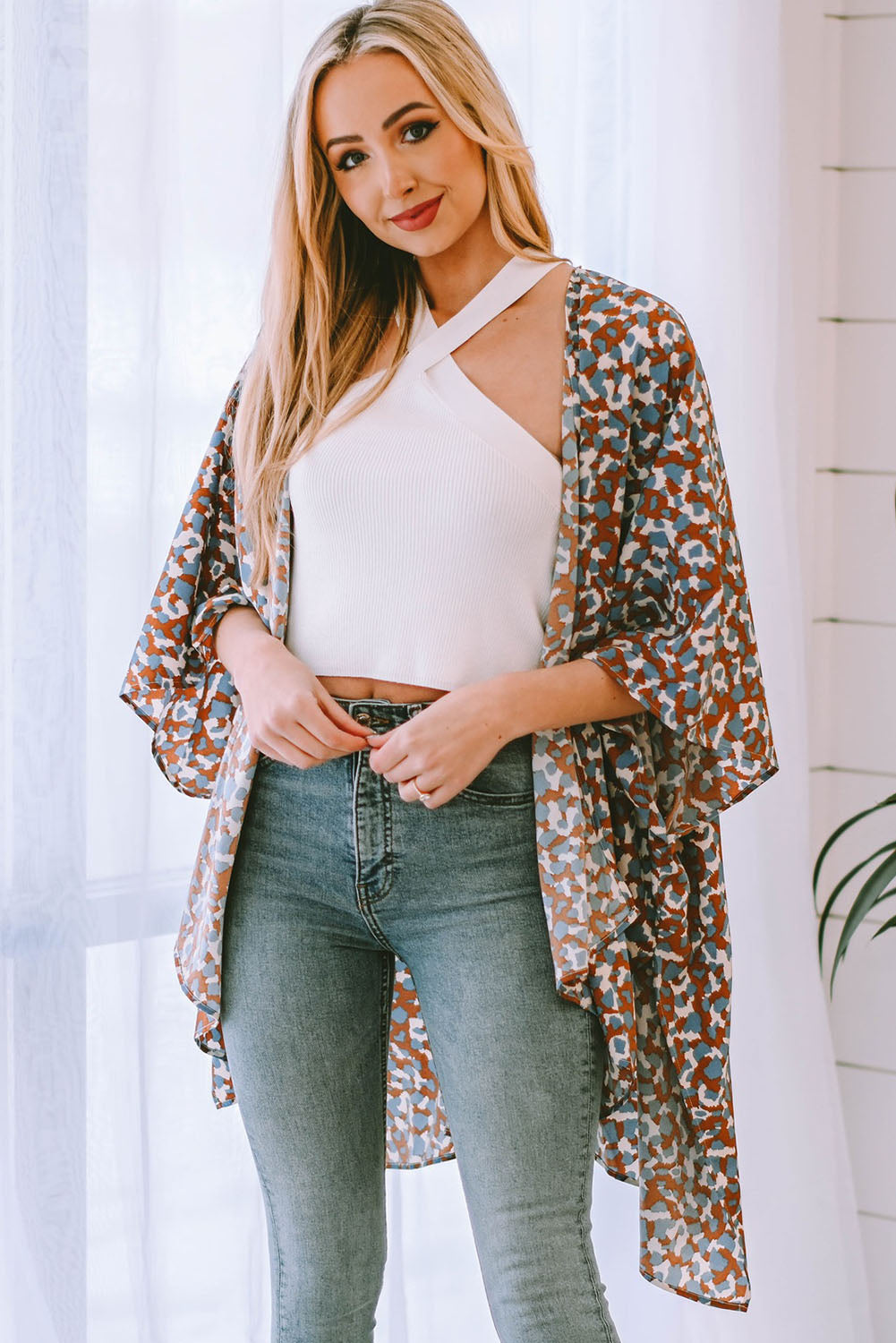 Printed Open Front Three-Quarter Sleeve Cover Up (TB11D) T