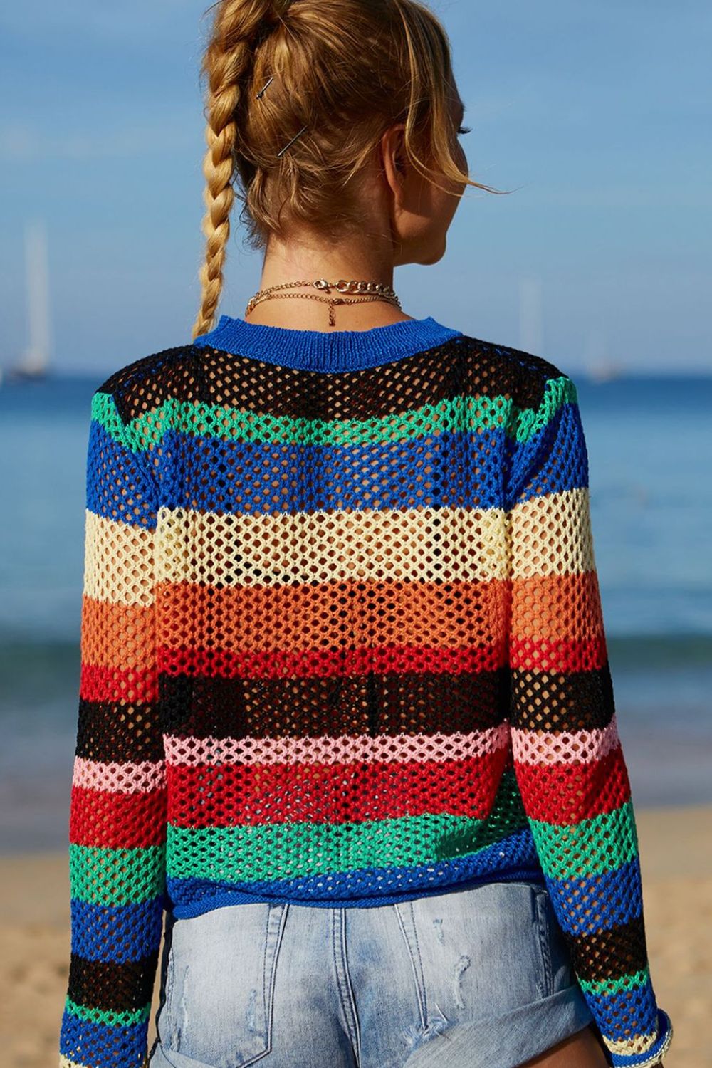 Rainbow Stripe Openwork Long Sleeve Cover-Up (TB11D) T
