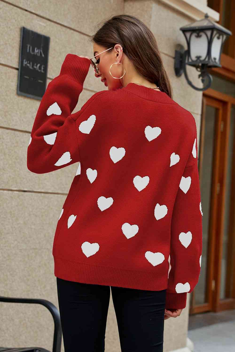 Woven Right Heart Pattern Lantern Sleeve Round Neck Tunic Sweater - Deals DejaVu